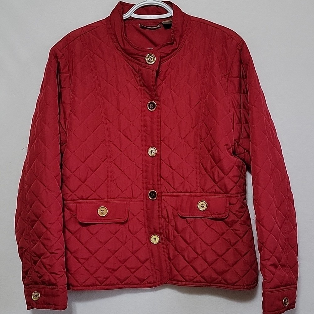 Jane Ashley Red Quilted Button Front Lightweight Jacket Gold Buttons Womens L